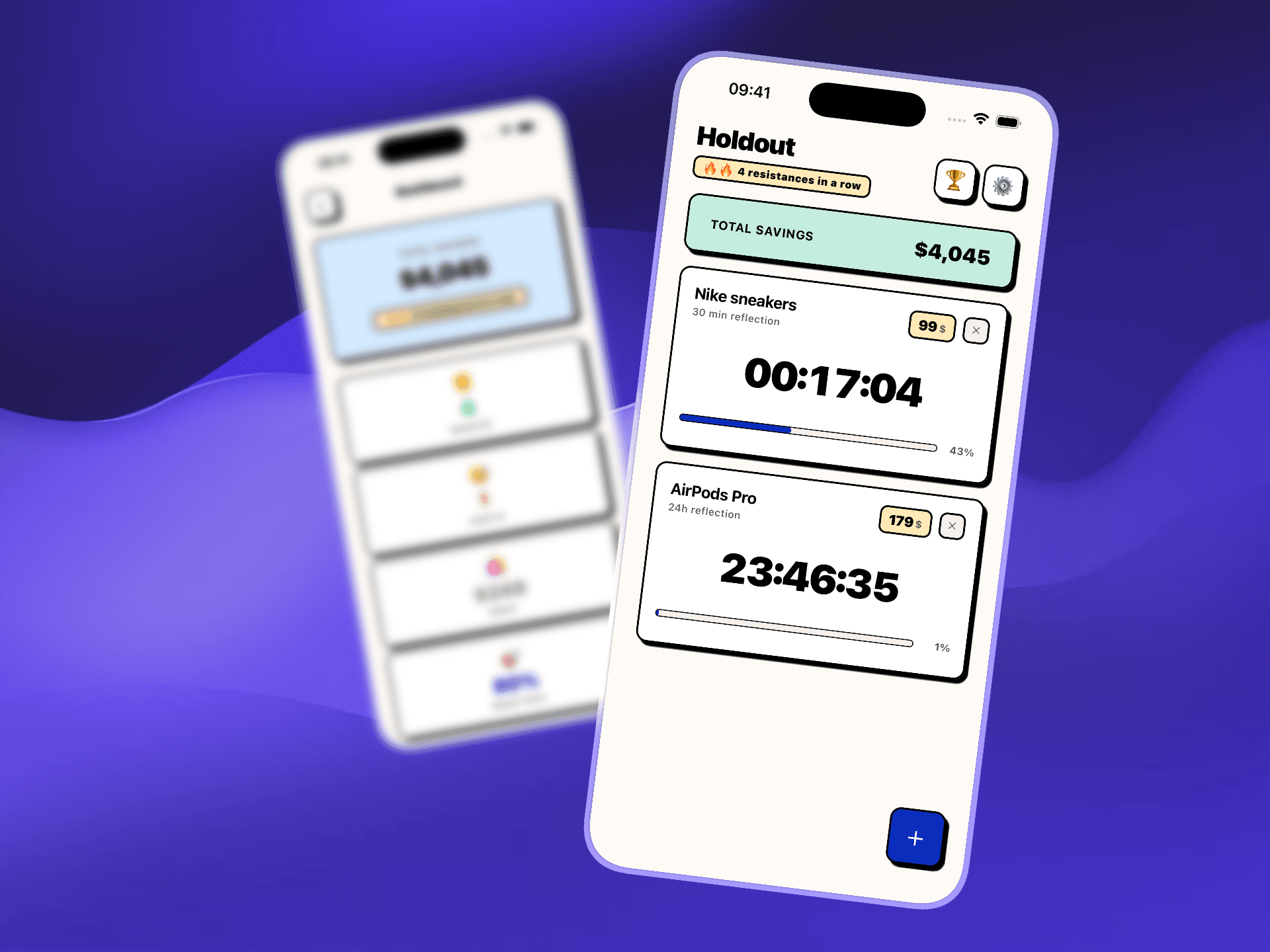 Holdout app screenshot showing a purchase timer counting down